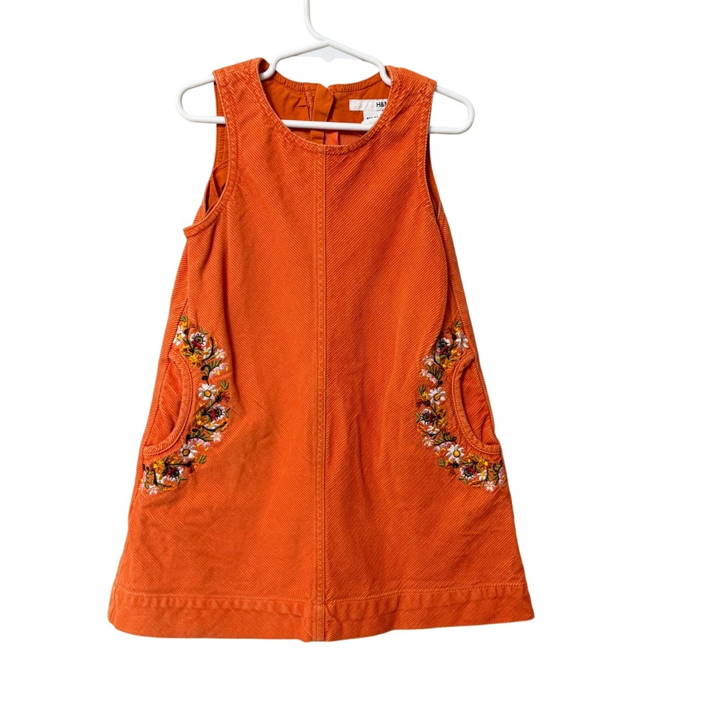 H&M Kids Orange Corduroy Floral Embroidered Pinafore Jumper Dress Size 4-5Y Boho